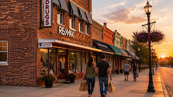 A sunset view of a street with people walking and a storefront with a sign that says "RE/MIX".