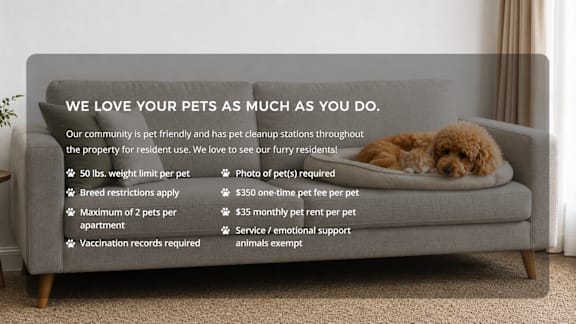 A couch with a dog on it and a sign that says "We love your pets as much as you do."