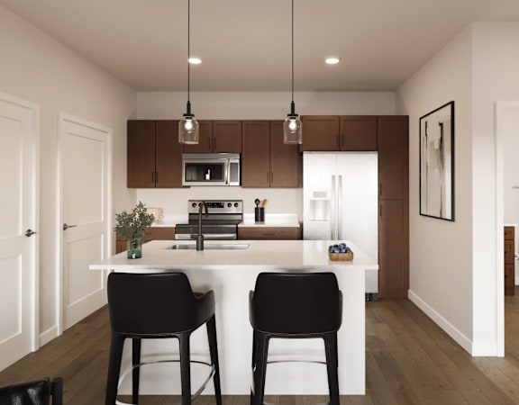 A kitchen with a white countertop at Solhaven Grand Chute, Appleton, Wisconsin