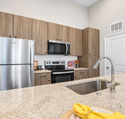 A kitchen with a granite countertop and stainless steel appliances.