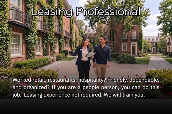 Two individuals are walking on a pathway between buildings, one holding a clipboard.