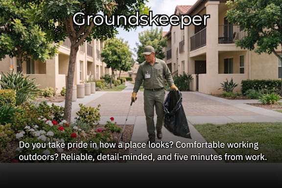 A groundskeeper is shown walking with a bag in a well-maintained outdoor area.