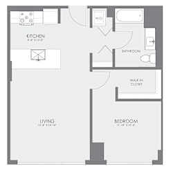 1  Bed   1  Bath   659 Sq. Ft. V-11 Floor Plan at Viridian on Sheridan, Chicago, IL, 60613