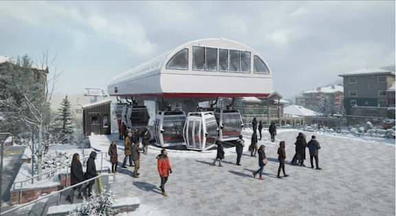 A group of people are walking around a snowy area.