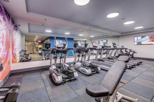 Lux Apartments Bellevue WA 24-hour fitness center amenity with ellipticals, treadmills, free weights, and strength training machines