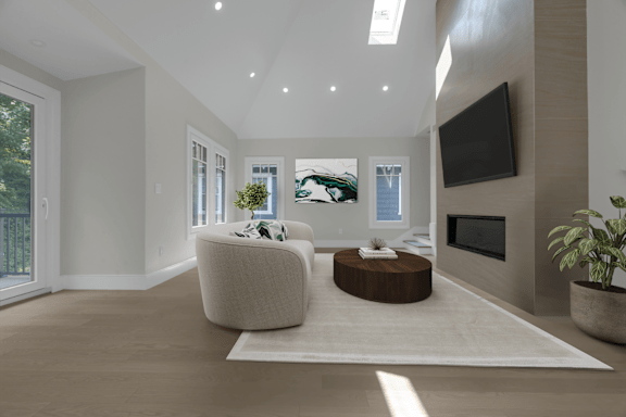a living room with a white rug and a couch and a tv
