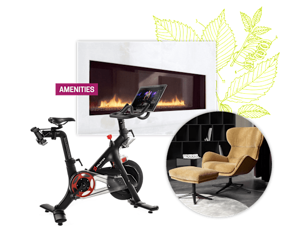 A modern living room with a fireplace, a bicycle, and a chair.