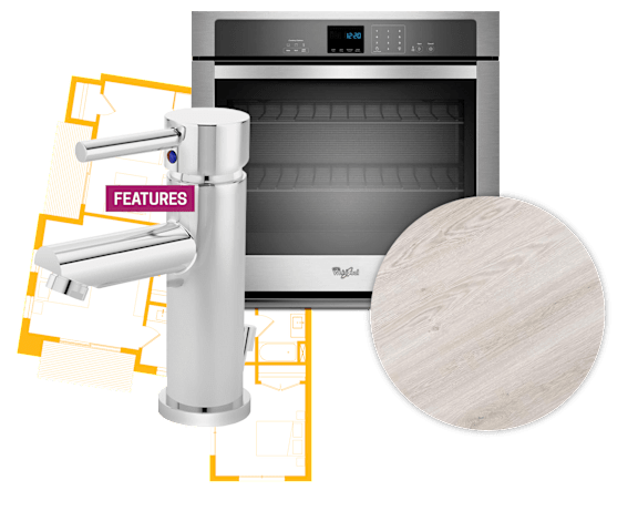 A modern oven with a digital display and a stainless steel finish is shown with a circular wooden surface and a set of drawings in the background.