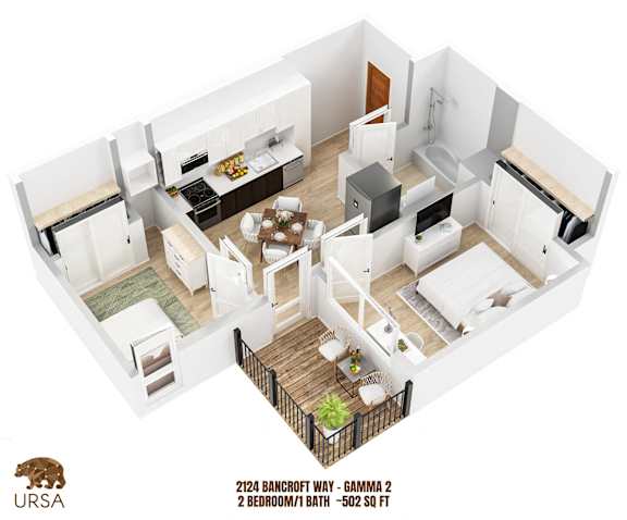 A floor plan of a 2 bedroom apartment with a living room, kitchen, and bathroom.