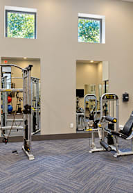 A gym with a variety of equipment including weights and weight machines.