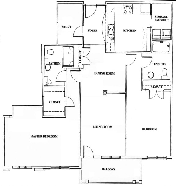 Two bedroom, one bathroom apartment layout at Baker Arms & Wexford Apartments in Dartmouth, NS