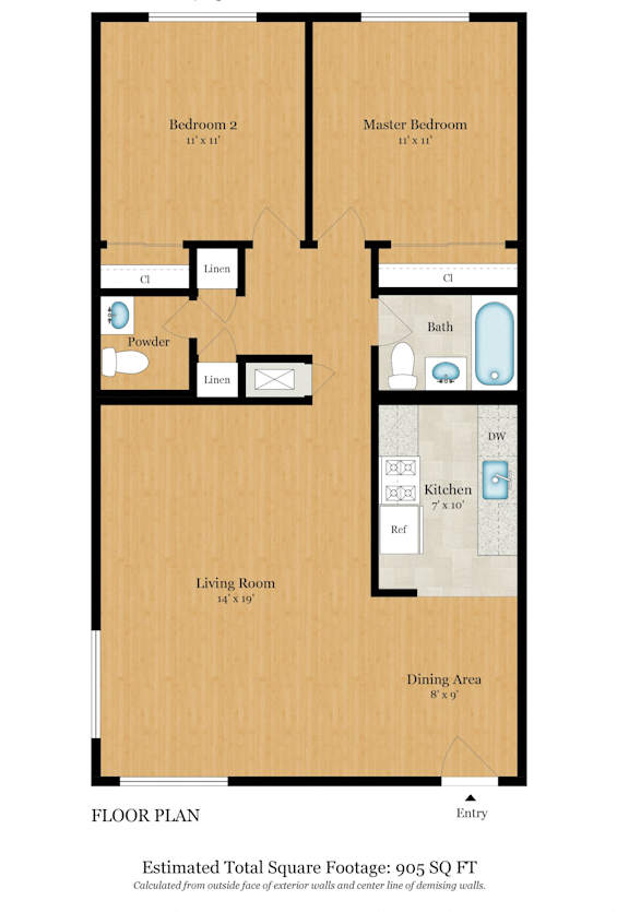 A floor plan of a house with a total estimated square footage of 905.