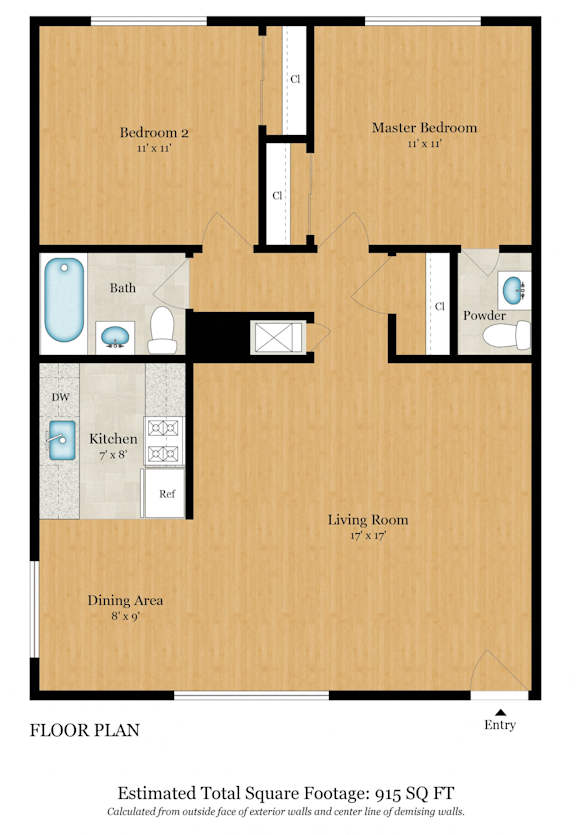 A floor plan of a house with a total square footage of 915 sq ft.
