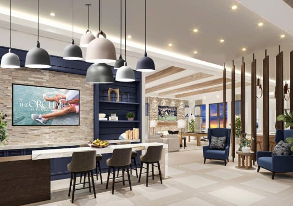 a rendering of the lobby of a hotel with a reception desk and chairs