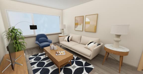 a rendering of a living room with a couch and a table at Cedar Crossing, Seattle, WA, 98115