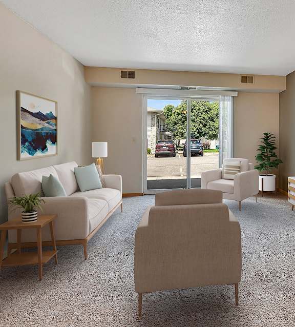 A living room with a couch, chair, and television.