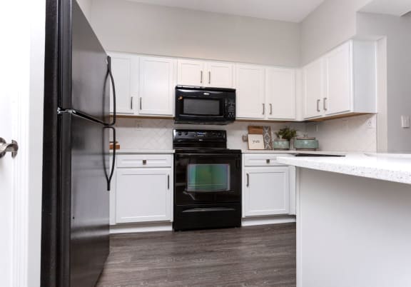 Modern kitchen with black appliances at Emblem Alpharetta, Alpharetta, Georgia