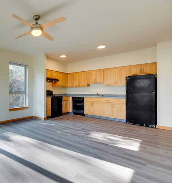 A sunny day in a spacious kitchen with a black fridge.