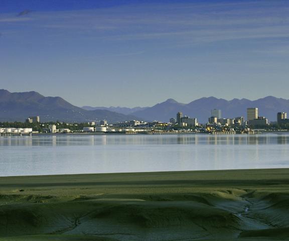 A view of Anchorage, the mountains, and the water by Brighton Park. 