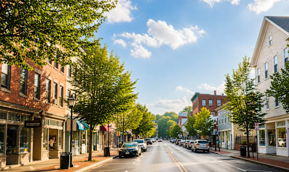 A street view of a small town with cars parked on the side of the road.