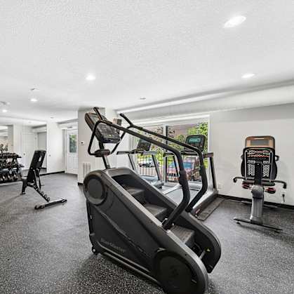 A black treadmill is in the foreground of a well-equipped gym.