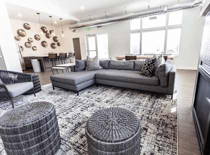 a living room with couches and chairs and a television