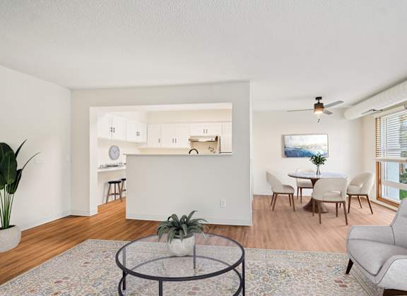 A living room with a grey couch, a coffee table, and a dining table with chairs.