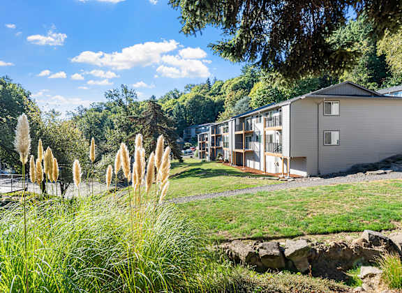 A grassy area with apartments in the background