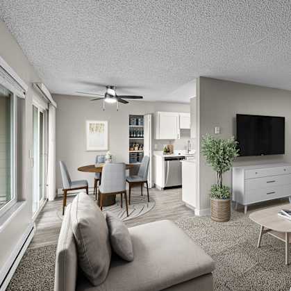 A modern living room with a grey couch and a television.