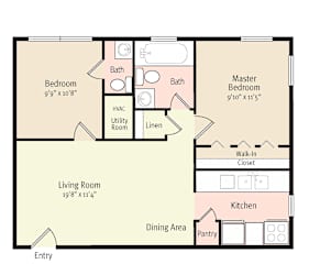 2D Floorplan of 2 Bedroom 1.5 Bath