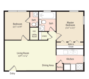 2D Floorplan of 2 Bedroom 1.5 Bath