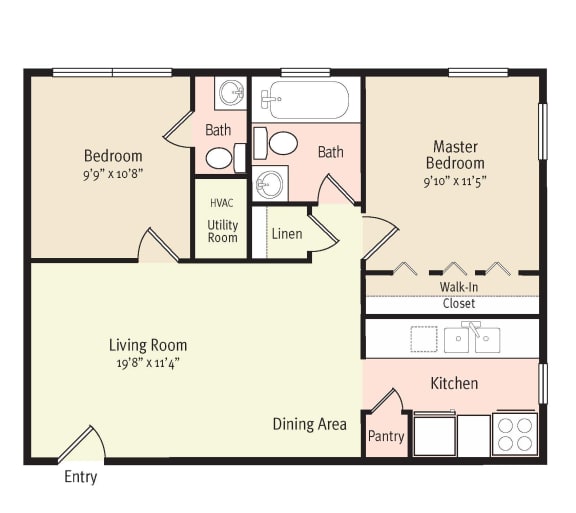 2D Floorplan of 2 Bedroom 1.5 Bath