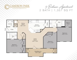 3 Bed, 2 Bath Floor Plan at Cameron Park Apartments, Jackson