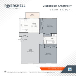 2 Bedroom 1 Bath Floor Plan at Rivershell Apartments, Lansing, MI, 48911