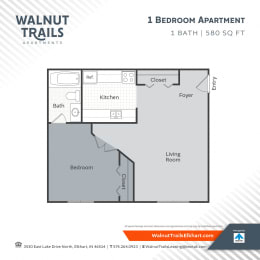 1 Bedroom 1 Bath Floor Plan at Walnut Trails Apartments, Elkhart, 46514