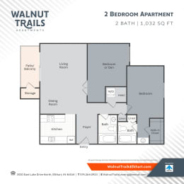 2 Bedroom - 1032 Floor Plan at Walnut Trails Apartments, Elkhart