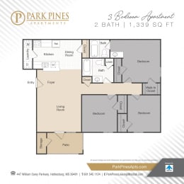 Three Bedroom 2 bath Floor Plan at Park Pines Apartments, Hattiesburg, MS
