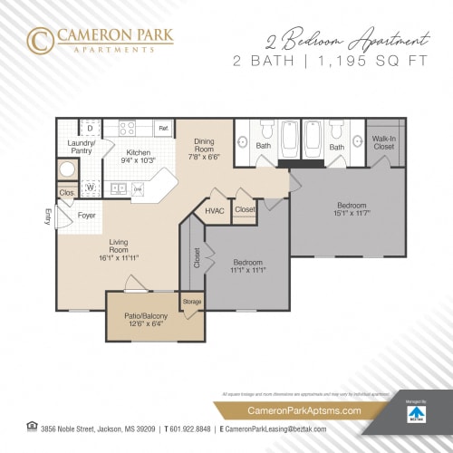 Floor Plan  2 Bed 2 Bath Floor Plan at Cameron Park Apartments, Jackson, Mississippi
