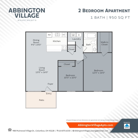 B1 2 bed 1 bath  Floor Plan at Abbington Village Apartments, Ohio, 43228