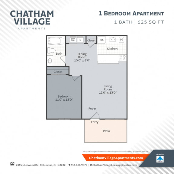 1 bed 1 bath A1 Floor Plan at Chatham Village Apartments, Ohio, 48232