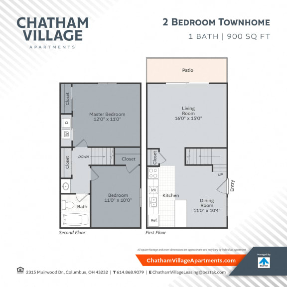 2 bed 1 bath B2 Townhome Floor Plan at Chatham Village Apartments, Columbus, OH