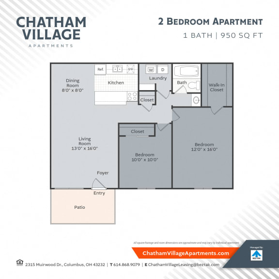 2 bed 1 bath B1 Floor Plan at Chatham Village Apartments, Columbus, OH, 48232