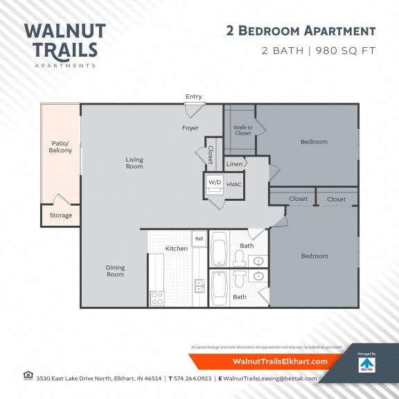 2 Bedroom - 980 Floor Plan at Walnut Trails Apartments, Elkhart, Indiana
