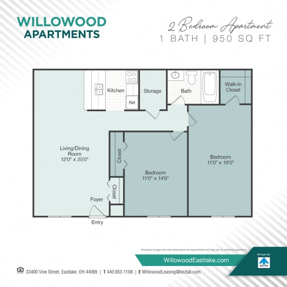 2 Bedroom / 1 Bath Floor Plan A at Willowood Apartments, Eastlake