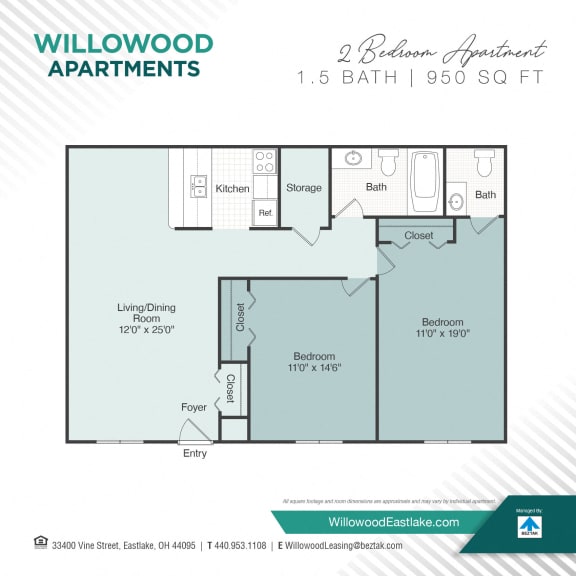 2 Bedroom / 1.5 Bath Floor Plan A at Willowood Apartments, Ohio