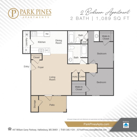 Two Bedroom 2 bath Floor Plan at Park Pines Apartments, Hattiesburg, MS, 39401