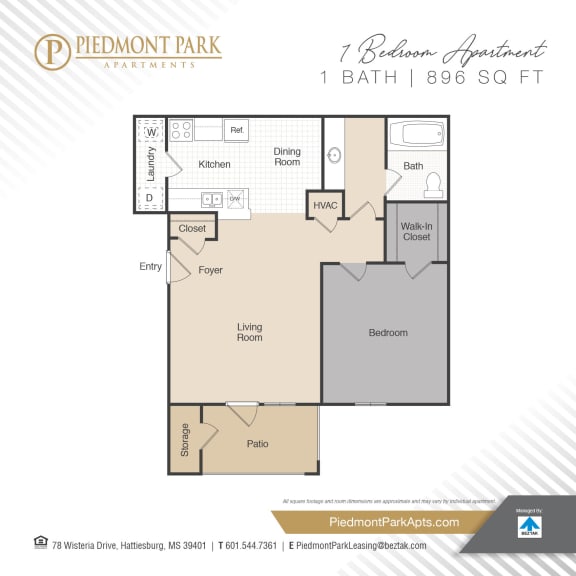 1 bed 1 bath Floor Plan A at Piedmont Park Apartments, Hattiesburg, MS, 39401