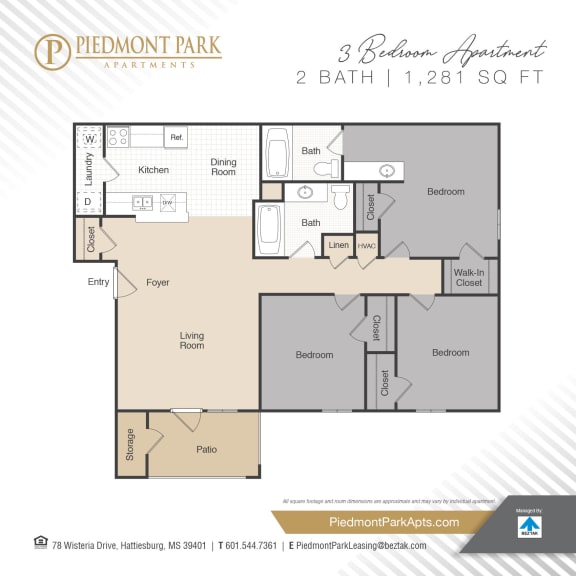 3bed 2 bath Floor Plan A at Piedmont Park Apartments, Hattiesburg, 39401