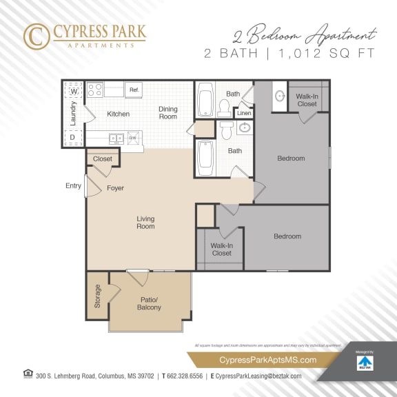 2 bed 2 bath floor plan at Cypress Park Apartments, Columbus