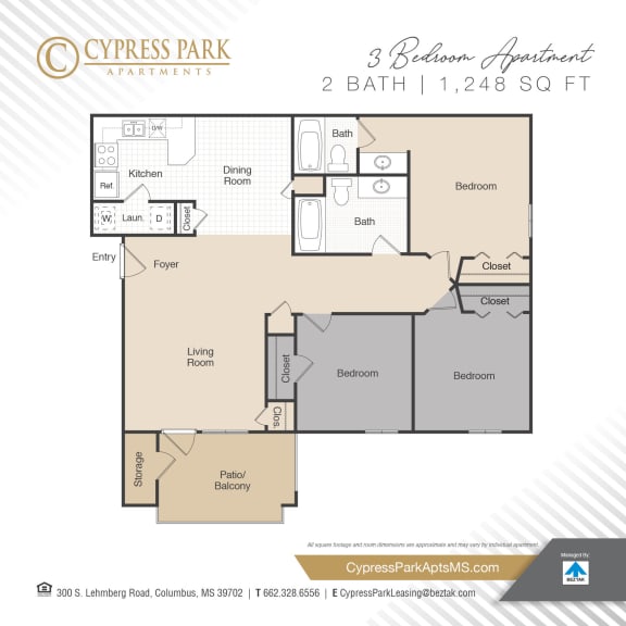 3 bed 2 bath floor plan at Cypress Park Apartments, Mississippi